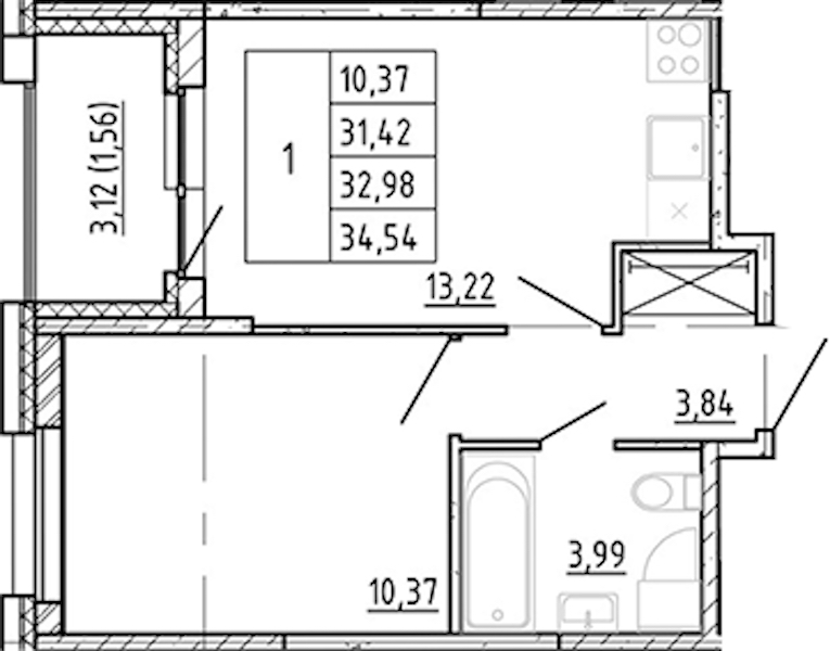 1-комнатная квартира 31.42 м², 6/12 эт., ЖК «Полис Новоселье»
